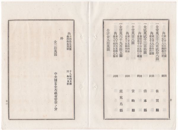 N22070115○大蔵省告示明治18年○備荒儲蓄補助金明治19年度分配付額 府県別表3府40県分＝90万円,中央儲蓄金大蔵管掌分30万円 内務卿 大蔵卿_画像6