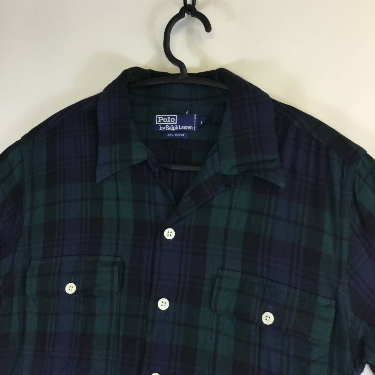 90s ラルフローレン Ralph Lauren 半袖レーヨンシャツ 開襟 Lサイズ チェック柄