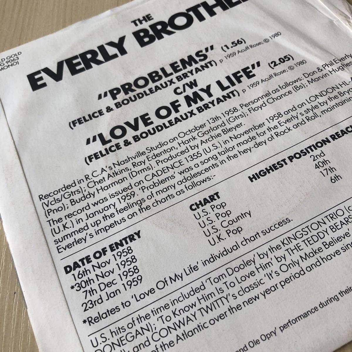 【UK盤英盤7inch】エヴァリーブラザース The Everly Brothers PROBLEMS LOVE OF MY LIFE / EP レコード /MONO OG9063/洋楽カントリー_画像5