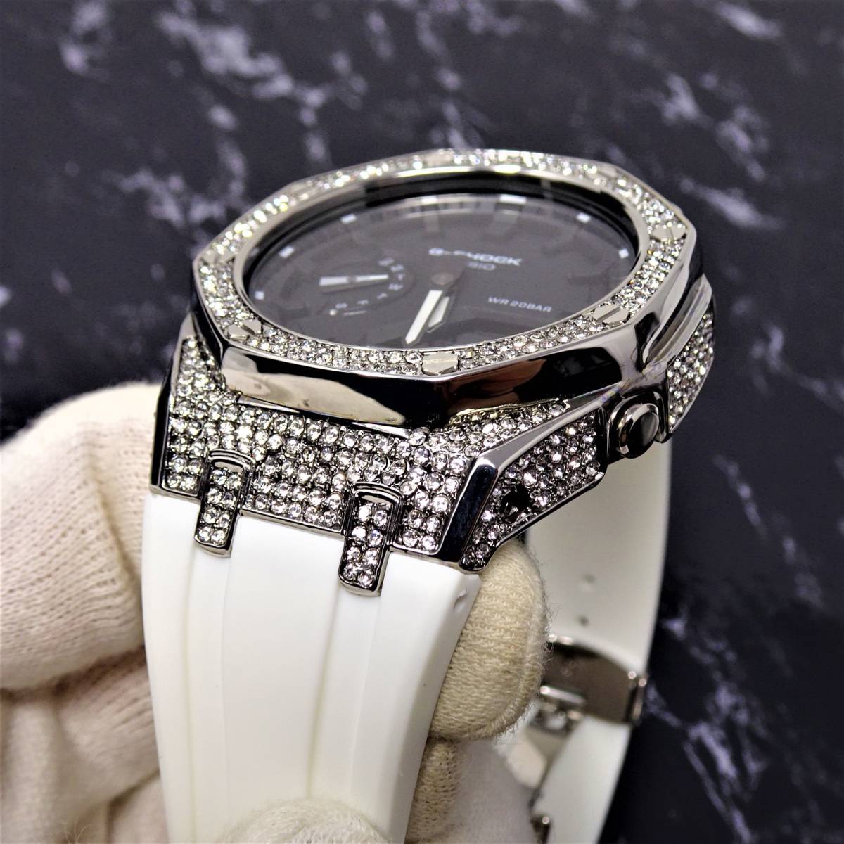 未使用・新品・Gショックカスタム本体付きGA2100海外ステンレス製ジルコニアシルバーベゼル＆ホワイトラバー腕時計 ・カシオーク_画像5