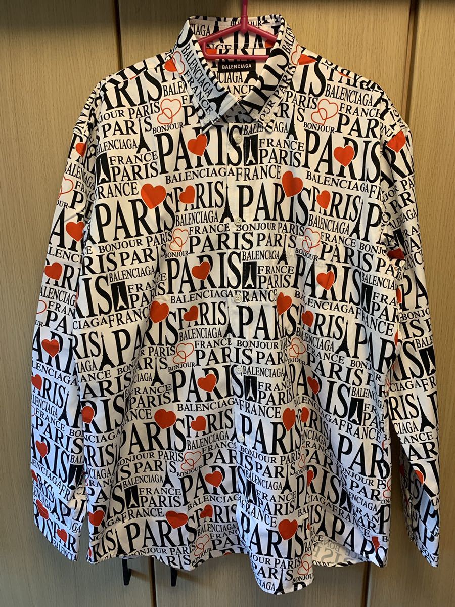 正規 新品 20SS BALENCIAGA バレンシアガ DEMNA GVASALIA PARIS 総柄 プリント ボタンダウン L/S 長袖 シャツ 白 38 595249 TGL44