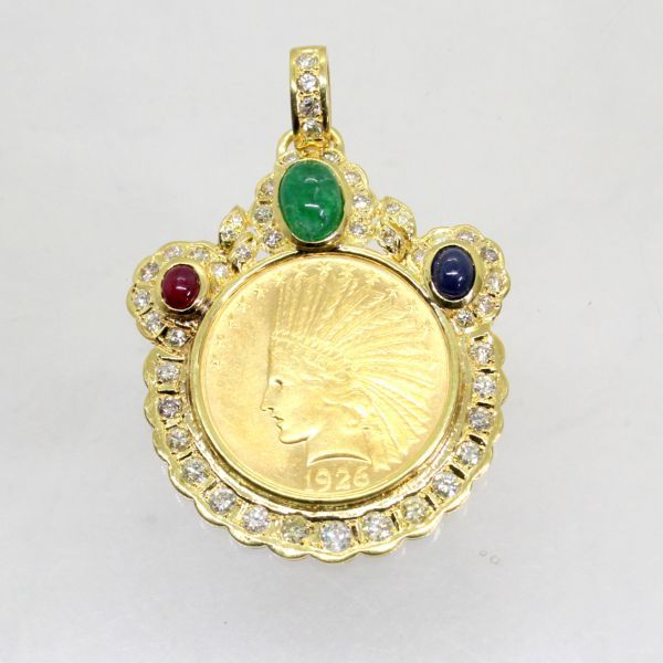 クリスマスツリー特価! ◎中古美品◎18金枠 ダイヤ 2.75ct マルチカラーストーン インディアンコイン ペンダント プラチナ