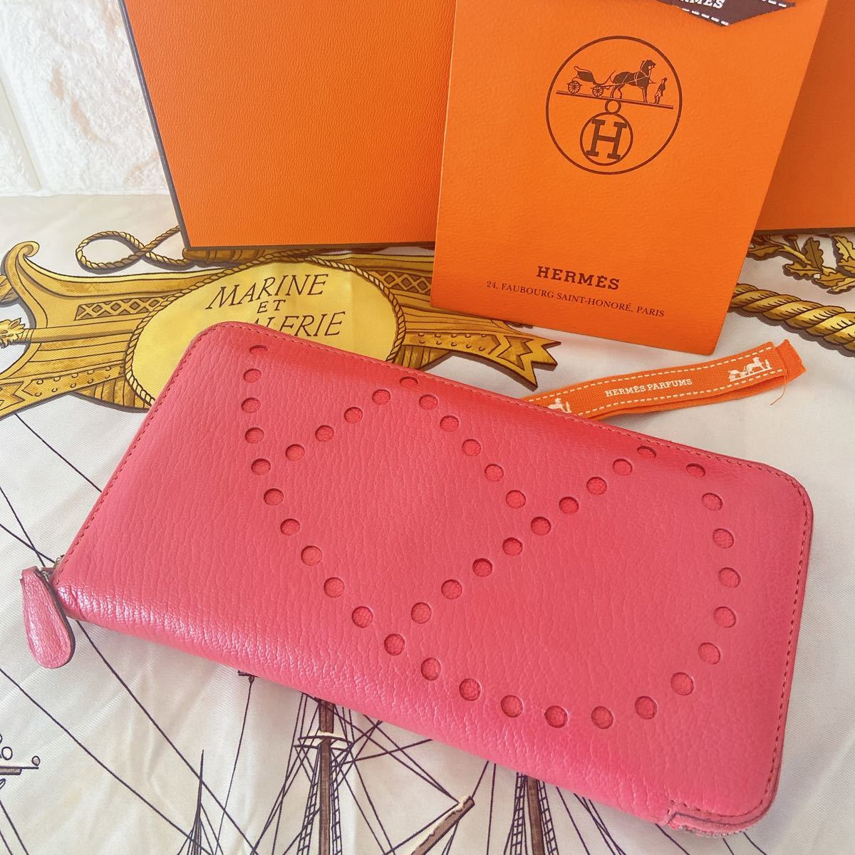 １円～！HERMES エルメス ロングジップ ラウンドファスナー エブリン シェーブル ピンク 長財布_画像2