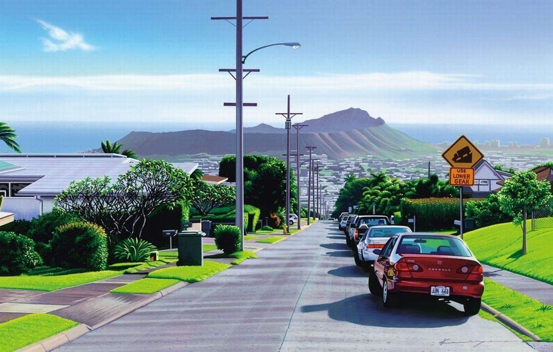 人気のハワイアンキャンバスピクチャー パネル絵 ROARD TO DIAMONDHEAD PUKR-2002 Yoshiｋatsu Kuriyama　栗山義勝_画像1