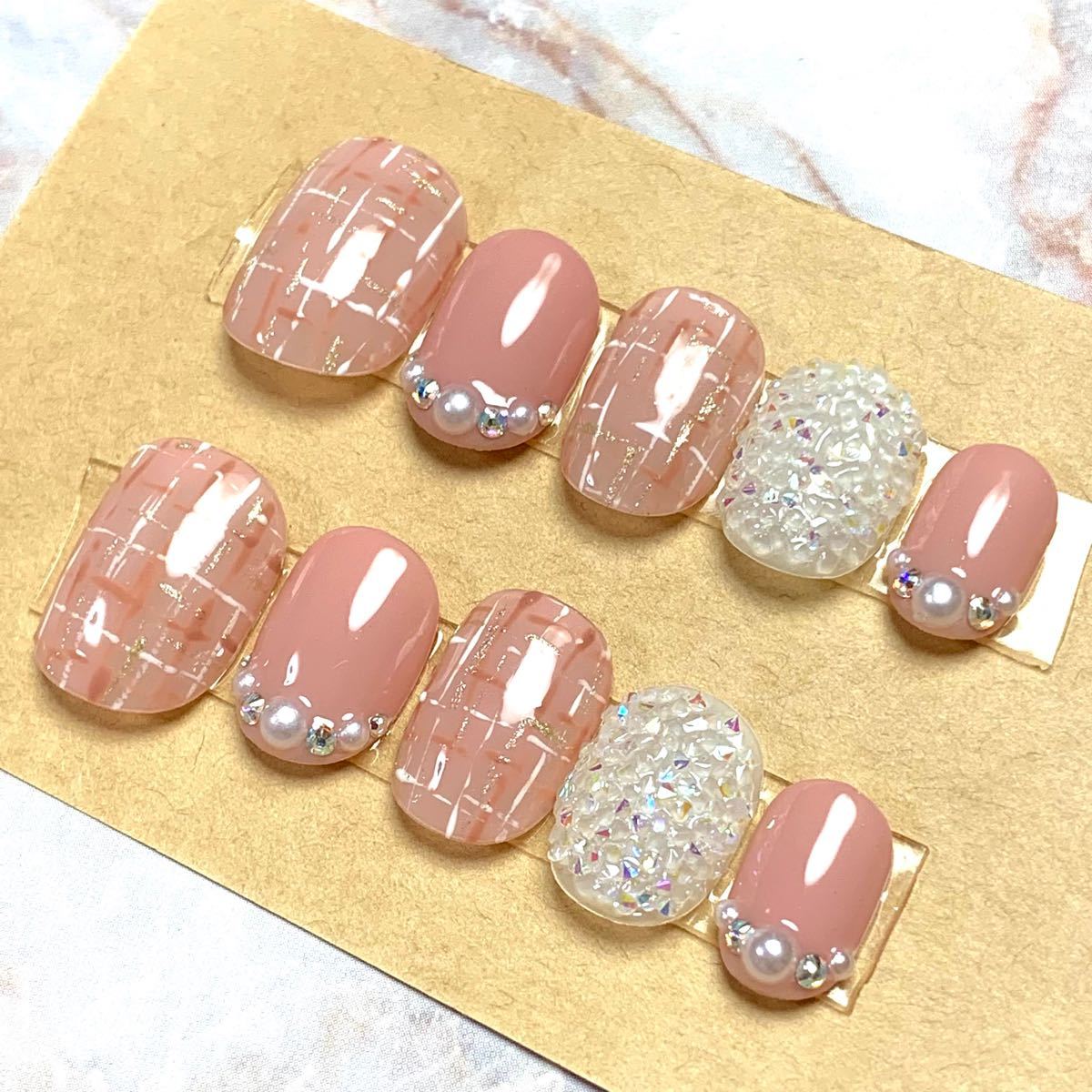 Paypayフリマ ネイルチップ No 105 ピクシー スワロフスキー ピンク ツイード 付け爪 ネイルアート ジェルネイル