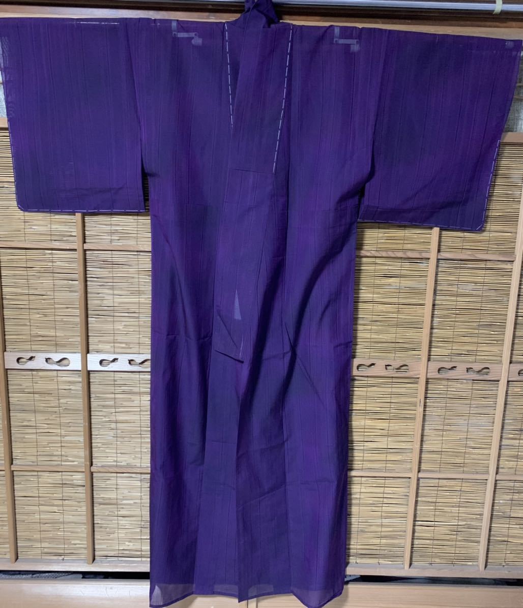 紗着物 正絹紗織 単衣仕立て 紫色の無地に縦紗の縞織柄模様 K144