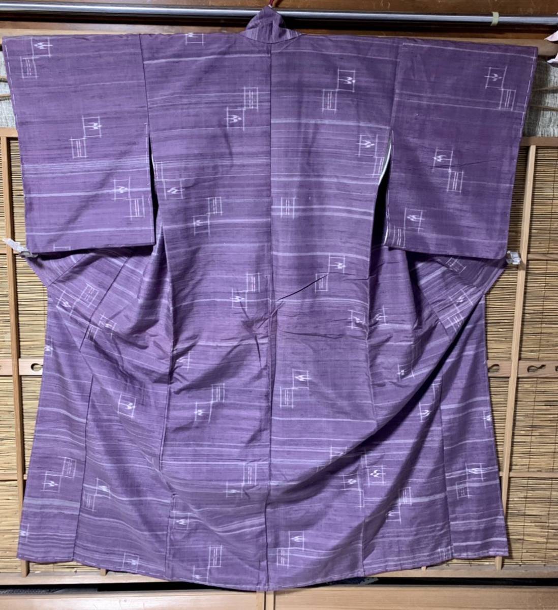 2021年レディースファッション福袋 紬着物 K134 藤紫色地に井桁模様に 