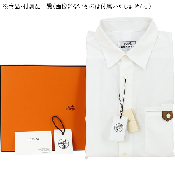 h-g775 新品 エルメス Yシャツ 39 Mサイズ 綿 コットン レザー 羊革 半袖シャツ 男性 メンズ 紳士服 シンプル オフィスカジュアル ホワイト_画像6