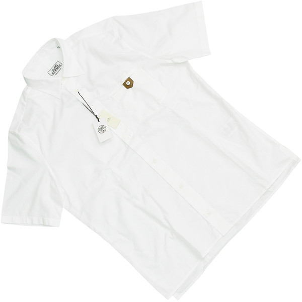 h-g775 新品 エルメス Yシャツ 39 Mサイズ 綿 コットン レザー 羊革 半袖シャツ 男性 メンズ 紳士服 シンプル オフィスカジュアル ホワイト_画像1