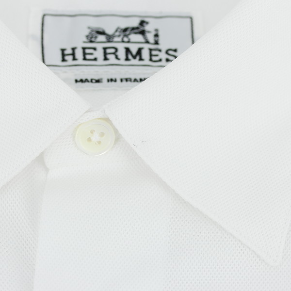 h-g775 新品 エルメス Yシャツ 39 Mサイズ 綿 コットン レザー 羊革 半袖シャツ 男性 メンズ 紳士服 シンプル オフィスカジュアル ホワイト_画像7