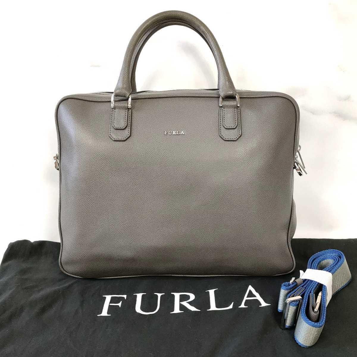 【1円〜　極美品】FURLA フルラ2way レザー ビジネスバッグ ブリーフケース ショルダー トート肩掛け可 斜め掛け可 通勤 メンズ グレー _画像1