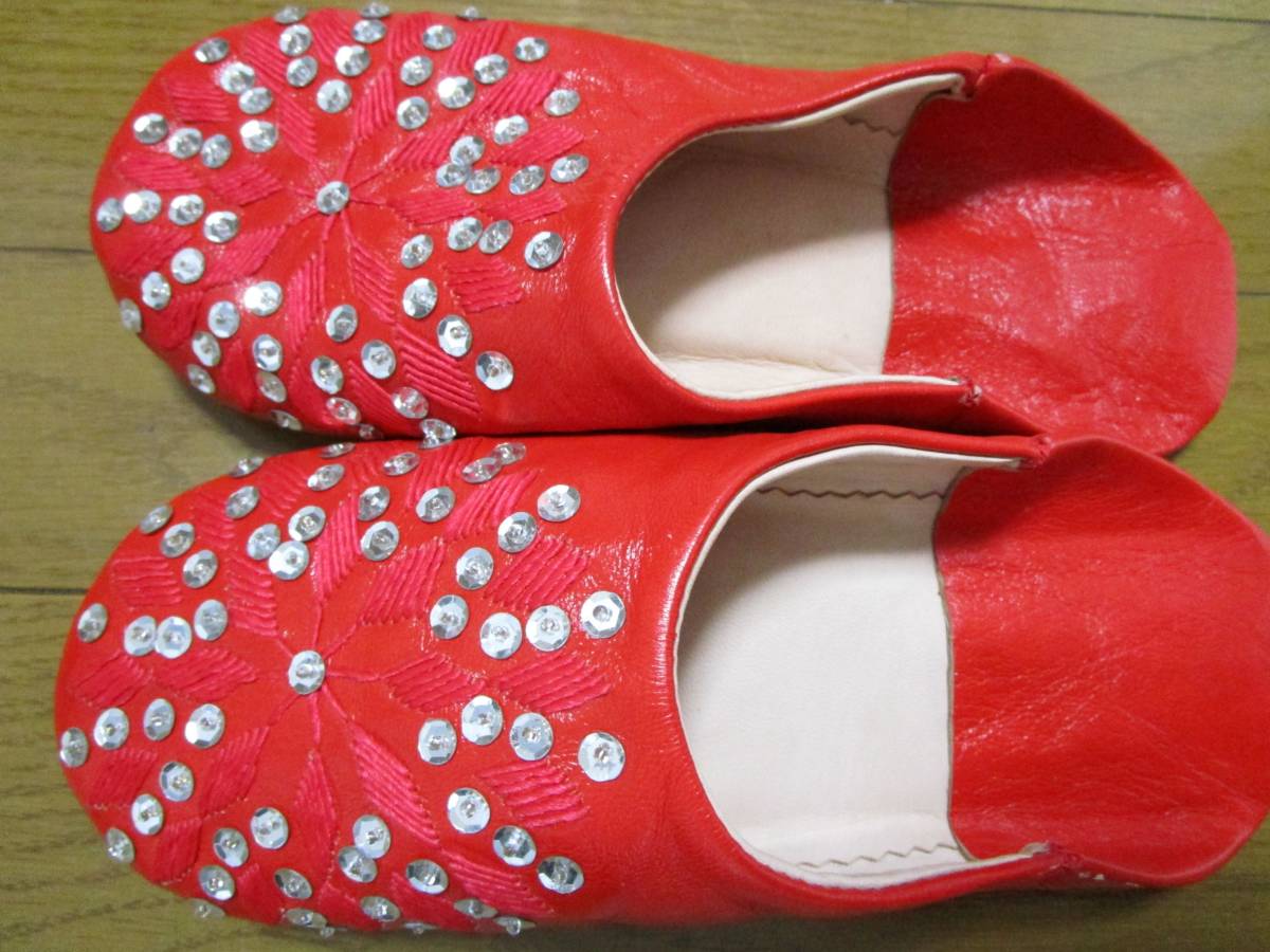 NEW** Bab -shu. original leather slippers / red & embroidery spangled (~24.5cm)