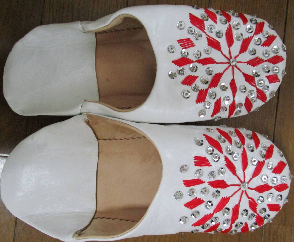 NEW** Bab -shu. original leather slippers / white & red embroidery spangled (~23.0cm)