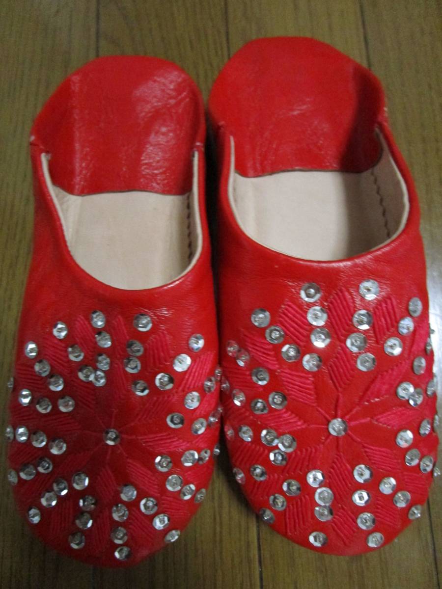 NEW** Bab -shu. original leather slippers / red & embroidery spangled (~24.5cm)