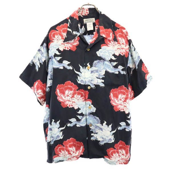マカナレイ シルク100% 開襟 和柄 アロハシャツ XL 黒系 MAKANA LEI