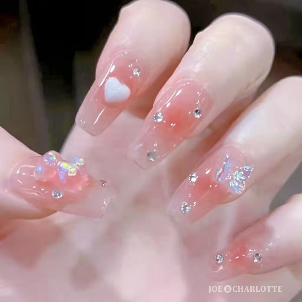No83 ジェルネイルチップ ちゅるちゅるチークネイル ハート ビジュー 蝶々 ピンク