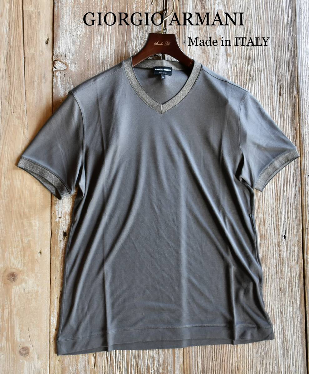 希少 正規品 良品 イタリア製 GIORGIO ARMANI ジョルジオ アルマーニ シルク 高級素材 カットソー 半袖 Tシャツ 50 グレー Vネック_画像1