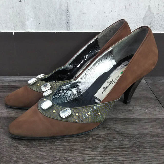 GINZA Kanematsu pumps 23cm light brown group Brown heel biju- studs Ginza Kanematsu lady's shoes 