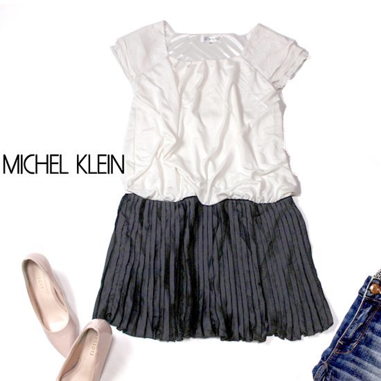 ☆☆ 美品 MICHEL KLEIN ミッシェルクラン ☆☆ 綺麗め レーヨンストレッチ プリーツ切替え ワンピース 38号 M 春 夏 22D08_画像1