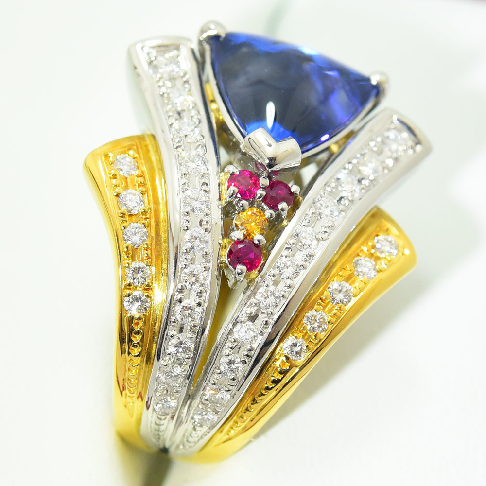梶 光夫 リング MITSUO KAJI 指輪 タンザナイト 5.35 ダイヤモンド 0.69 ルビー 0.19 K18 PT900 約13.5號 新品仕上げ 中古