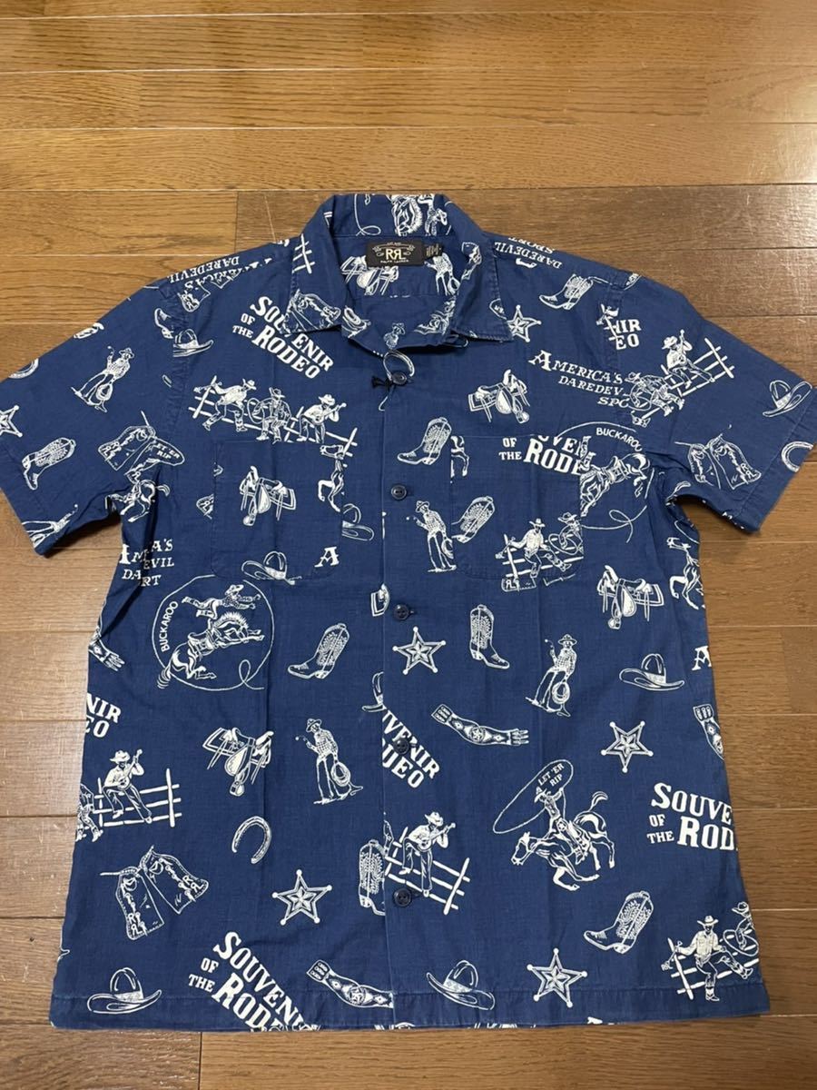 1000円〜 タグ付RRL ロデオプリント インディゴ キャンプ シャツ M 【待望 RRL 名作 BLUE シャツ アロハ SHIRTS CAMP INDIGO シャツ