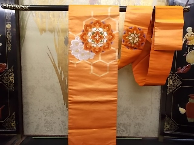 きもの今昔４０５４ 名古屋帯西陣織橙色亀甲に華文様柄| JChere雅虎