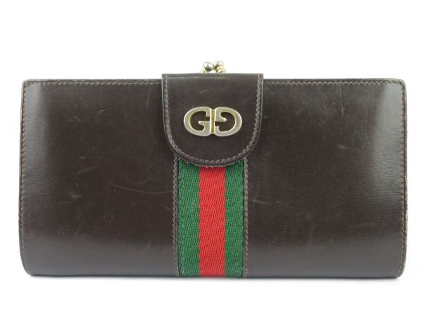 安 GUCCI グッチ 二つ折り長財布 レザー シェリーライン GG金具 がま口