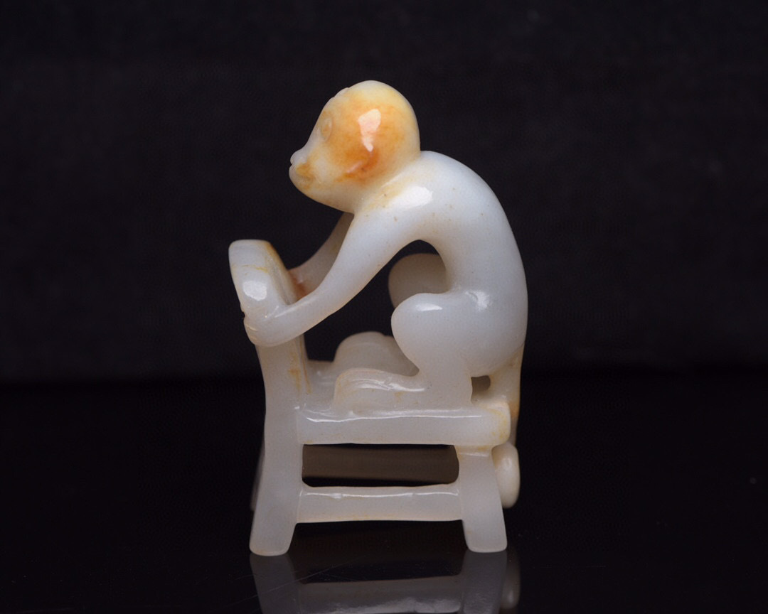 「かわいい～！」 『和田玉製・細密彫・靈猴』置物・古賞物 ・中国古玩 ・中国古美術0813103 その他