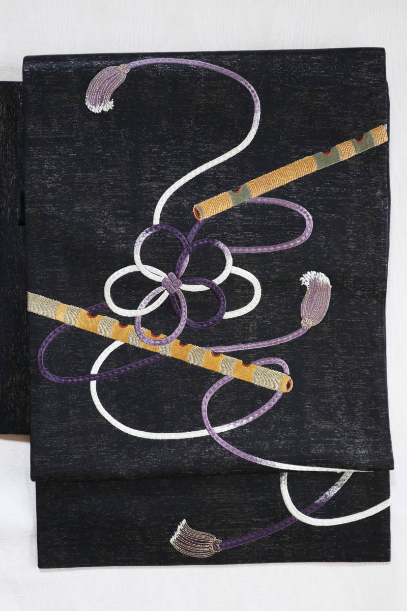 アンティーク大正ロマン 二本の横笛と組紐刺繍袋帯 美品 送料無料