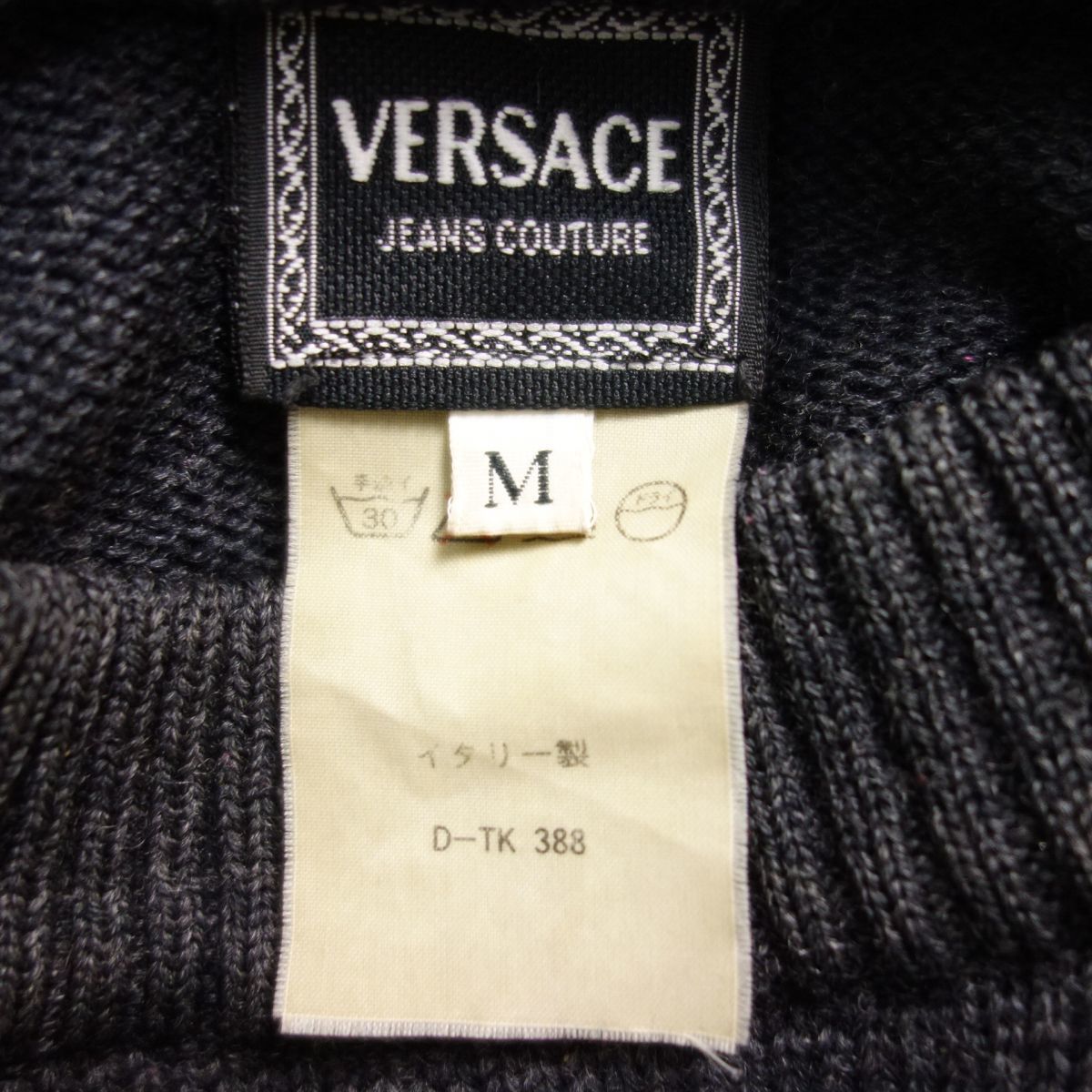 1円 90s イタリア製 Versace Jeans ヴェルサーチ メデューサ ロゴ刺繍 ウールニット セーター メンズ M グレー_画像7