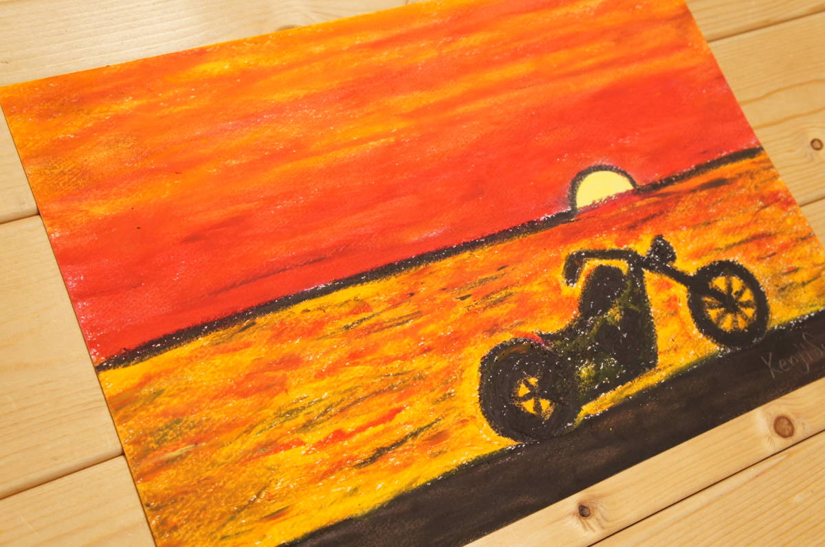 バイク】手描き 肉筆 クレヨン画 風景画 絵画 482,Crayon バイク】手描き 肉筆 クレヨン画 風景画 絵画 482,Crayon