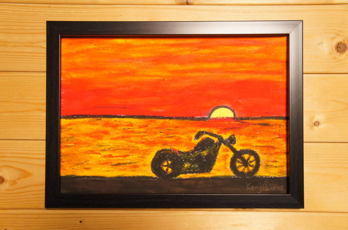 バイク】手描き 肉筆 クレヨン画 風景画 絵画 482,Crayon バイク】手描き 肉筆 クレヨン画 風景画 絵画 482,Crayon