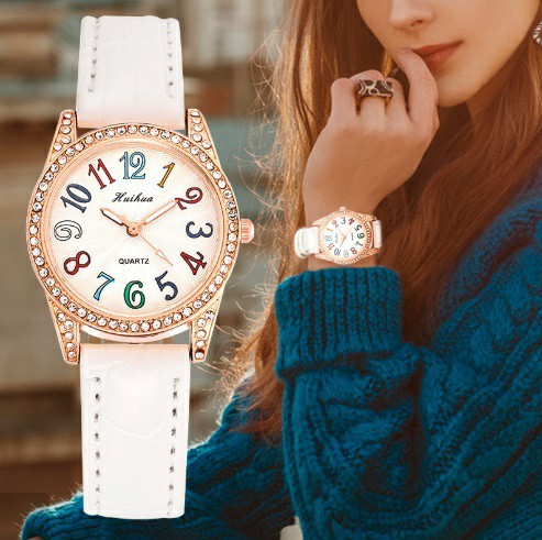 レディース腕時計 白 ＰＵレザー シンプル☆レインボー文字 女性 電池