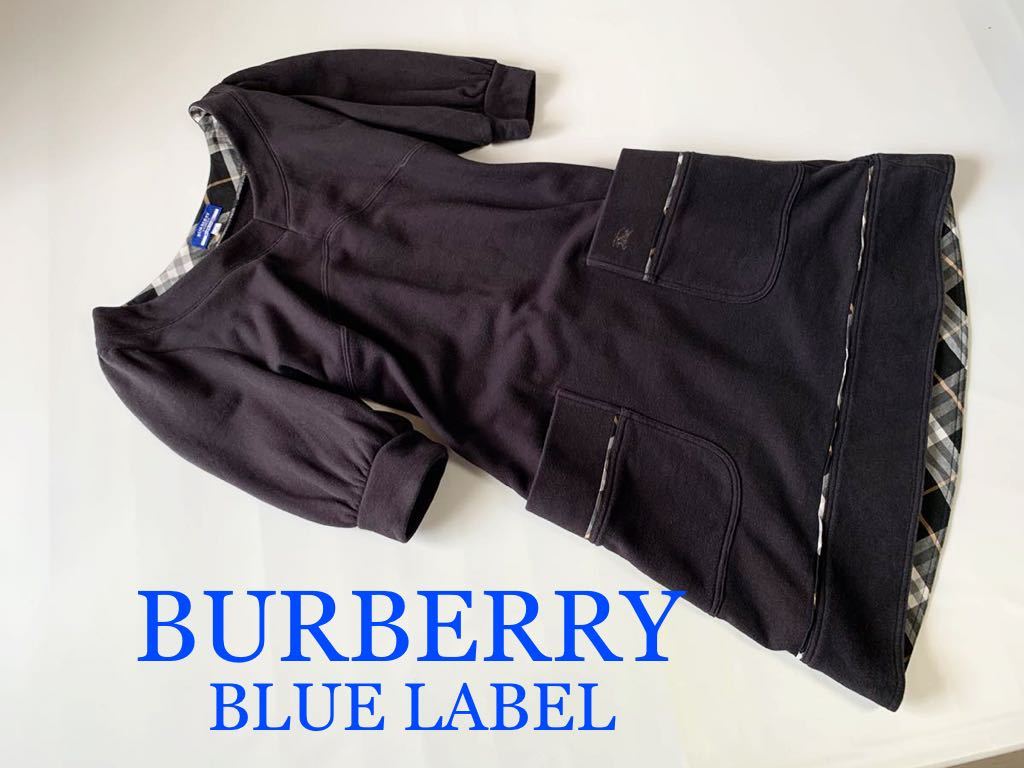 美品 BURBERRY BLUELABEL 半袖ワンピース ノヴァチェック バーバリー ブルーレーベル コットン パフスリーブ ホースマーク 38  美シルエット