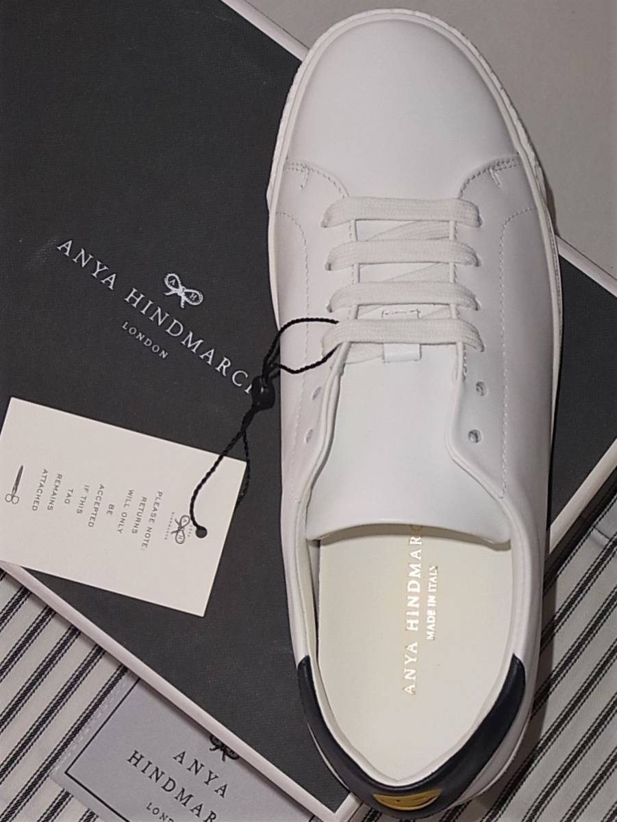  не использовался ANYA HINDMARCH Anya Hindmarch кожа спортивные туфли SMILEY смайлик 37 белый белый Tennis Shoe с коробкой Италия производства 