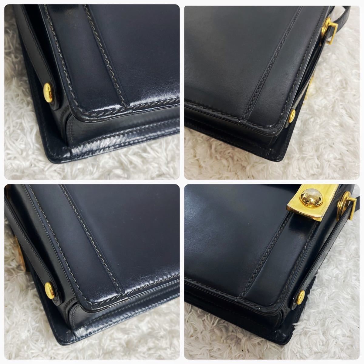 【極希少】グッチ ショルダーバッグ レザー ボックスカーフ ゴールド 金具 箱型 ボックス フラップ オールドグッチ 黒 ブラック GUCCI