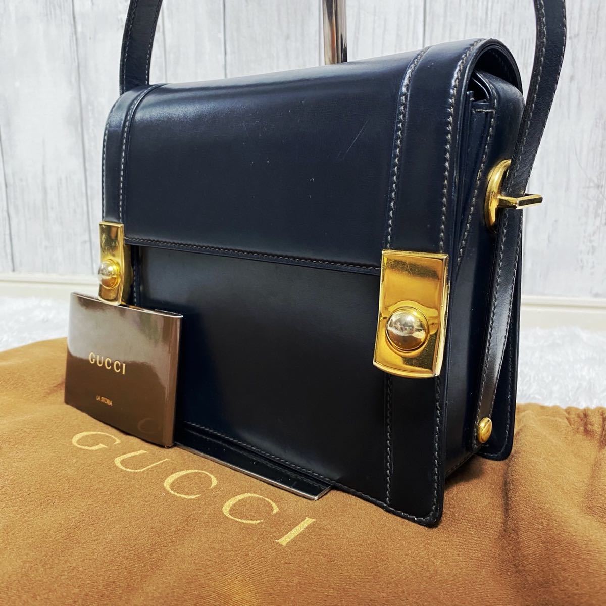 【極希少】グッチ ショルダーバッグ レザー ボックスカーフ ゴールド 金具 箱型 ボックス フラップ オールドグッチ 黒 ブラック GUCCI
