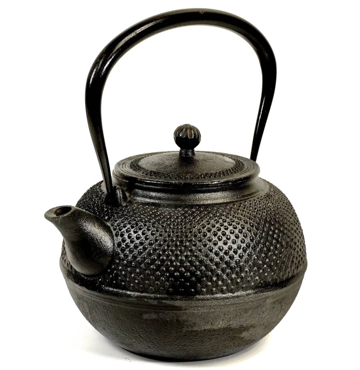 昭和ビンテージ 南部鉄器 鉄瓶 霰 アラレ紋 丸型 湯沸 煎茶器 茶道具 幅20cm 高さ24cm 重さ2.3kg IHK