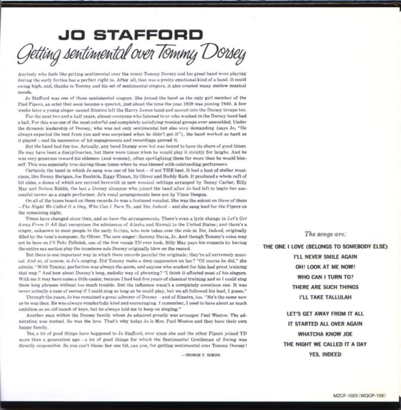 紙ジャケ/ Jo Stafford / Getting Sentimental Over Tommy Dorsey / Reprise MZCF-1025 _画像2