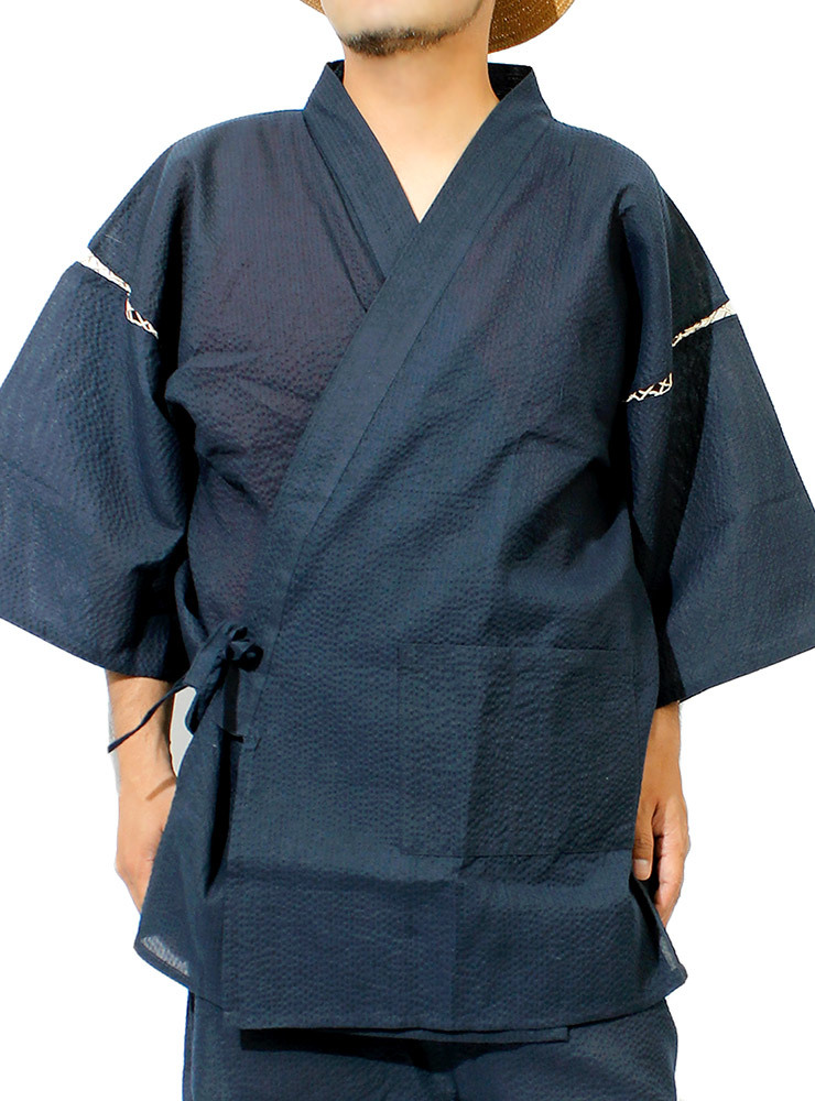 [ new goods ] L navy jinbei men's ... weave peace pattern top and bottom .... setup plain stripe 