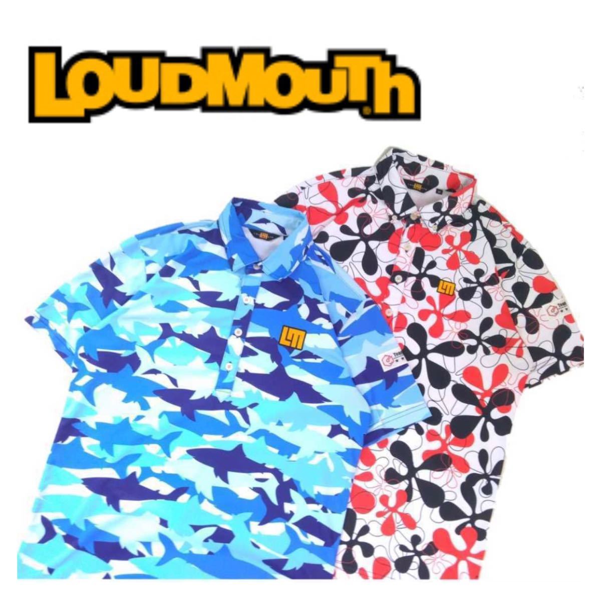 極美品 最高級ウェア 豪華2点 LOUD MOUTH 吸水速乾 ストレッチ 刺繍 総柄 半袖ポロシャツ メンズM ラウドマウス ゴルフウェア 白 2207296_画像1