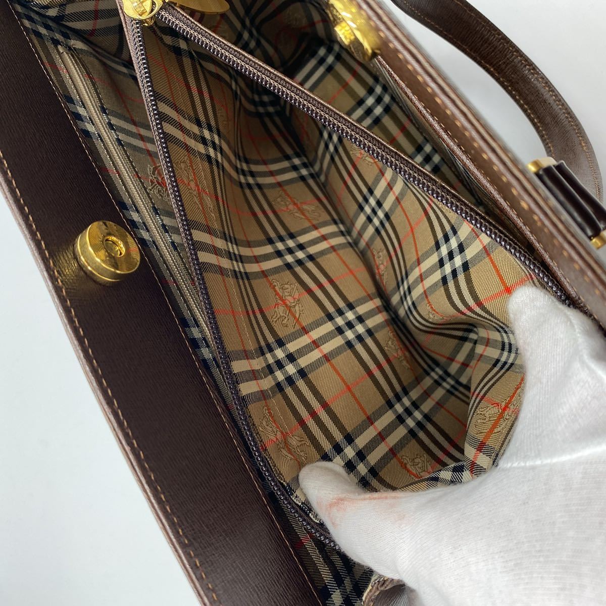 【極美品】BURBERRY バーバリー トートバッグ ノバチェック ビジネス ハンド オールレザー ゴールド金具 通勤 ブラウン メンズ レディース_画像9