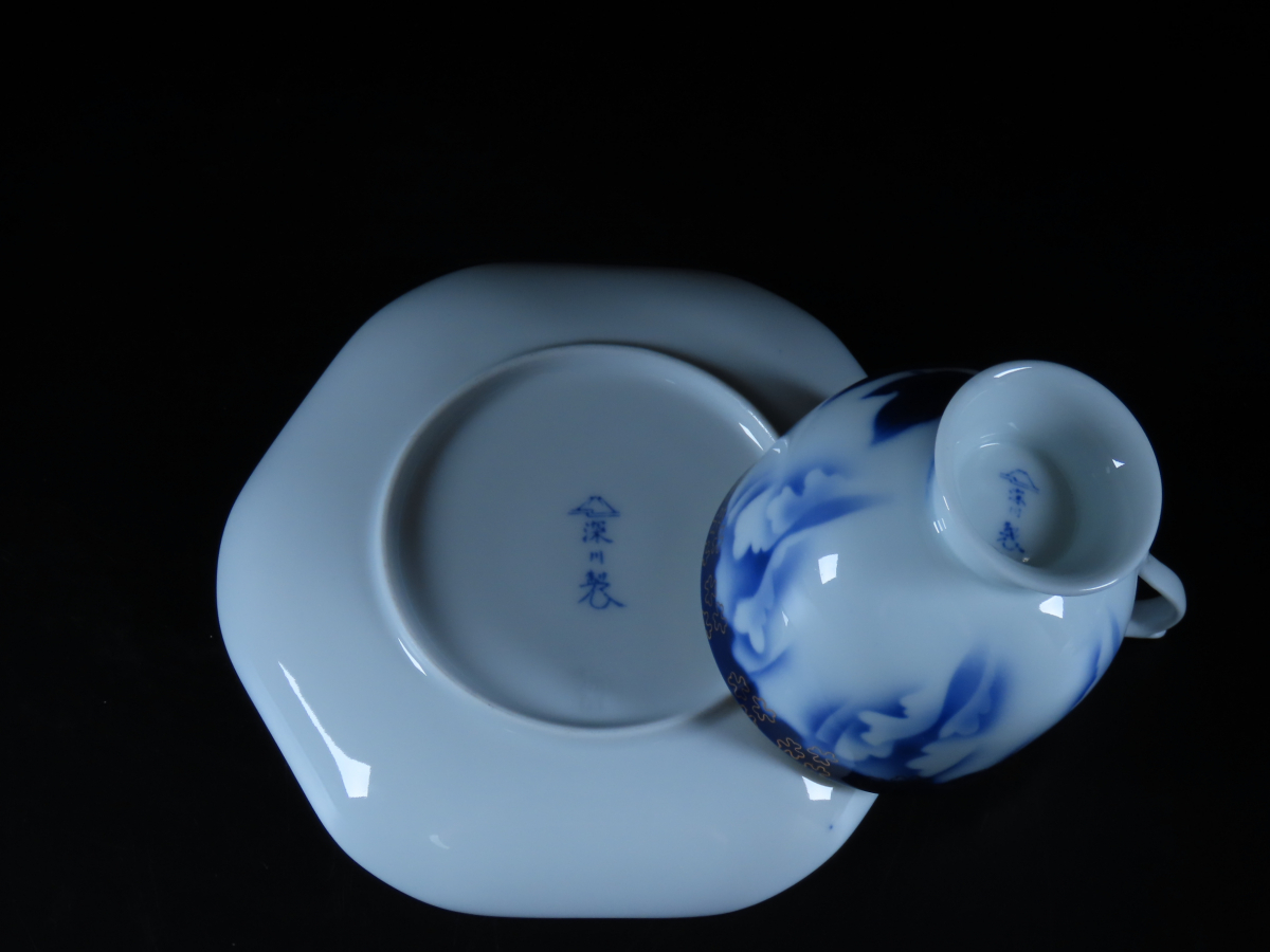 深川製磁 牡丹金ミル カップ&ソーサー 4客セット 高台コーヒー碗皿