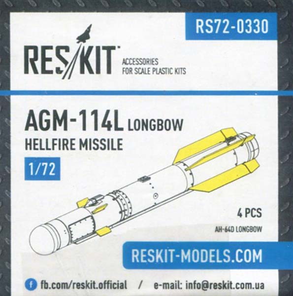 レスキット RSK72-0330 1/72 AGM-114L ロングボウヘルファイアミサイル (4個入り)_画像1