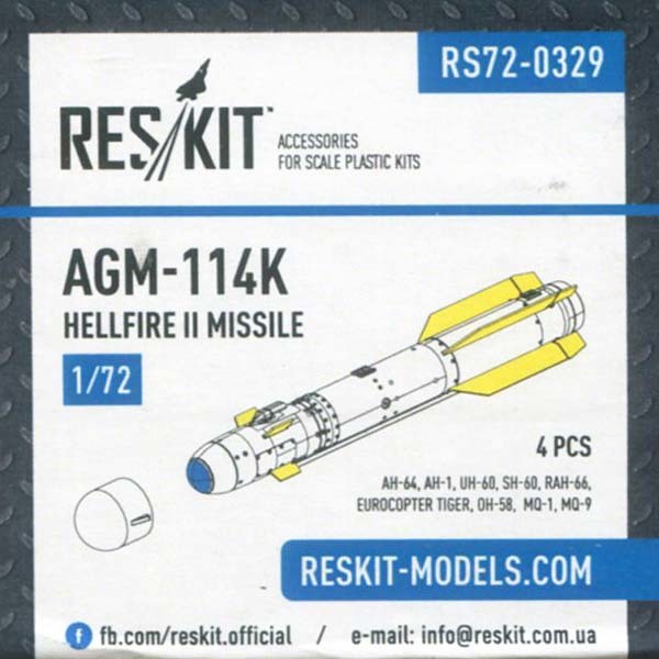 レスキット RSK72-0329 1/72 AGM-114K ヘルファイアⅡミサイル(4個入り)_画像1