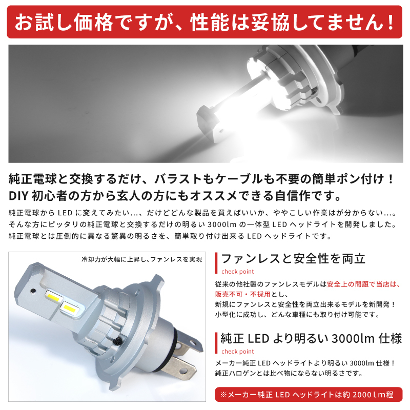 ★お試し価格★ LA650/660S 新型 タント LEDヘッドライト H4 Hi/Lo [R1.7～] 【簡単ポン付け】左右2個SET★純正球と交換するだけ★_画像2