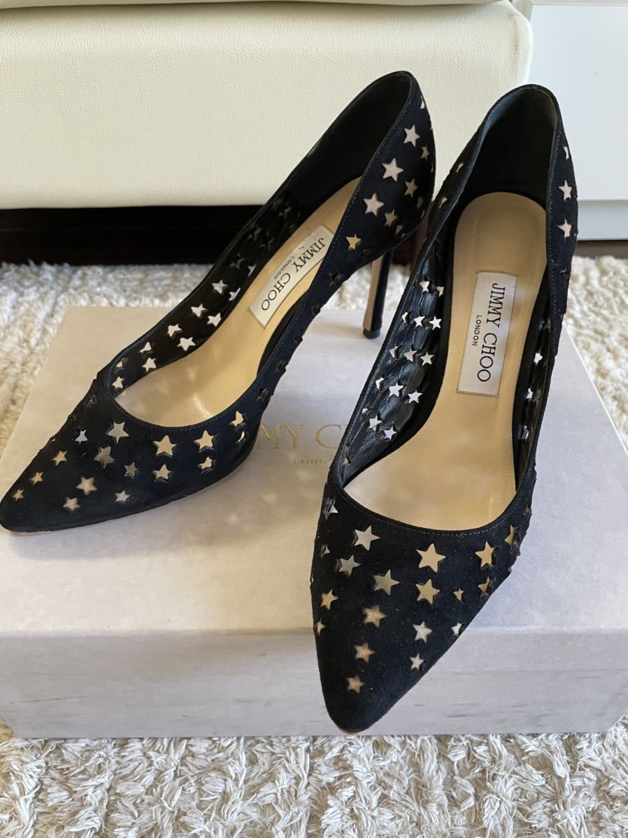 ジミーチュウJIMMY CHOO ROMY85 黒スター型抜きスエード ヌバック