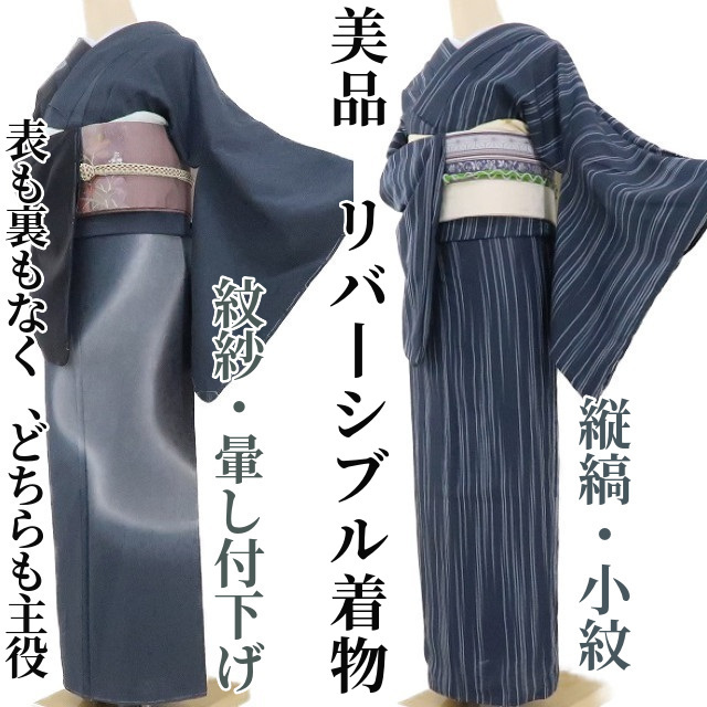 ゆめsaku2 美品 紗袷 リバーシブル 夏着物“表も裏もなく、どちらも主役”縦縞・小紋 紋紗・暈し・付下げ622_画像1
