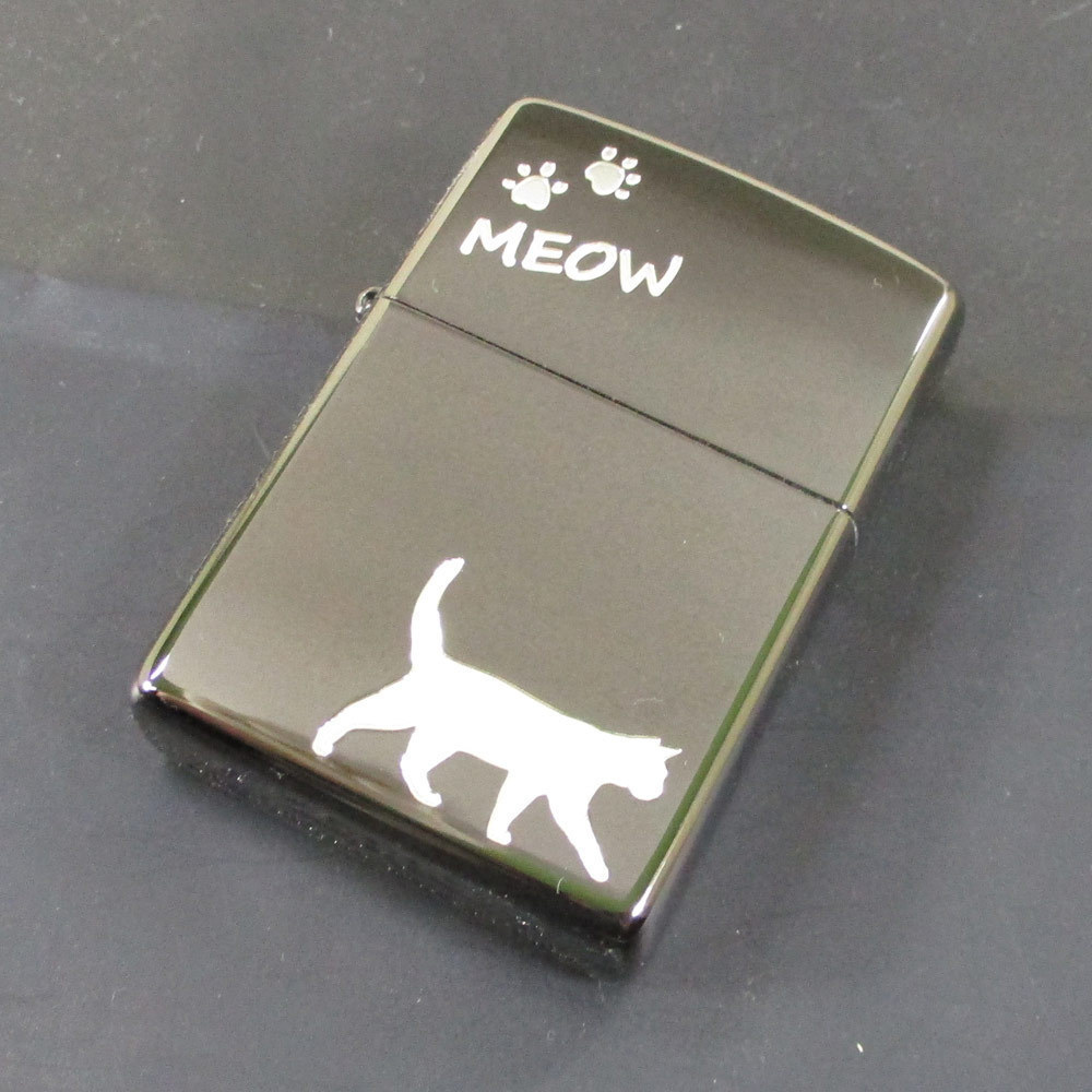 送料無料 ジッポー オイルライター meow ネコ 黒メッキミラー銀差し CAT-KB　&ギフトボックスセット（オイル＋フリント+BOX）_画像8