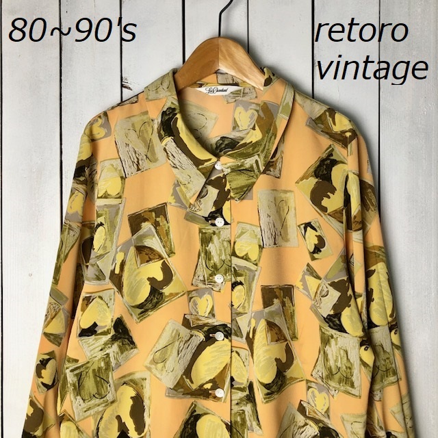 sh 404 国産レトロ古着 80s~90s ワールド ハート柄 総柄ブラウス
